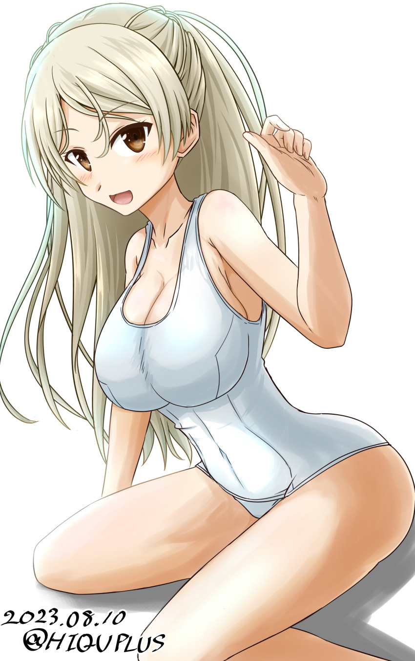 1girl absurdres alternate_costume blush breasts brown_eyes cleavage collarbone competition_school_swimsuit conte_di_cavour_(kancolle) covered_navel dated grey_hair highres hiqu kantai_collection large_breasts long_hair looking_at_viewer one-piece_swimsuit open_mouth school_swimsuit simple_background sitting smile solo swimsuit twitter_username two_side_up white_background white_one-piece_swimsuit