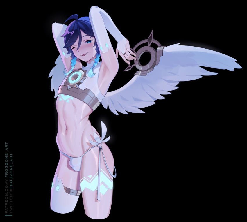 1boy armpits arms_up blue_hair braid bridal_gauntlets bulge chest_tattoo crop_top cropped_legs elbow_gloves feathered_wings frogzone_art genshin_impact gloves glowing_tattoo gradient_hair highres leg_tattoo light_blush looking_at_viewer multicolored_hair one_eye_closed otoko_no_ko single_thighhigh smile solo tattoo thighhighs thong tongue tongue_out twin_braids venti_(archon)_(genshin_impact) venti_(genshin_impact) white_wings wings