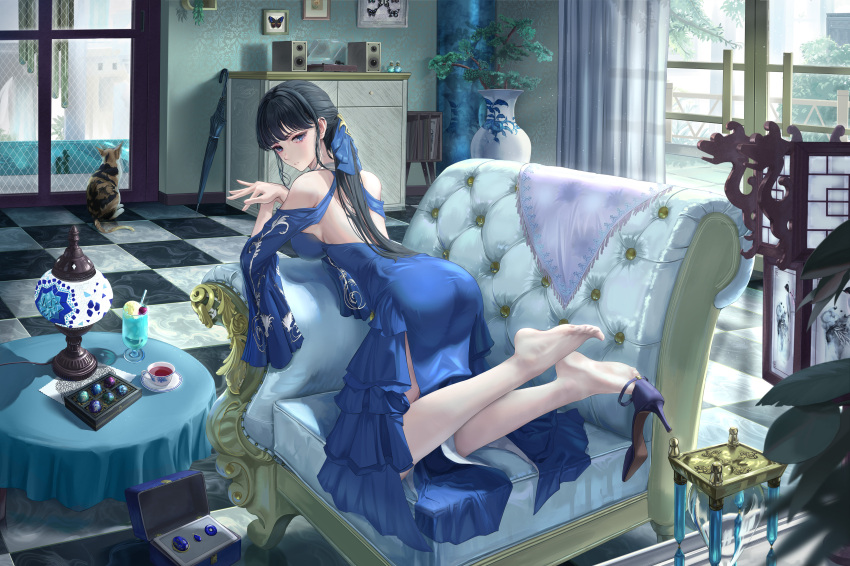 1girl absurdres arm_support back_cutout bare_shoulders barefoot black_hair blue_dress blue_eyes blue_ribbon breasts cat checkered_floor clothing_cutout couch cup dress feet frilled_dress frills hair_ribbon high_heels highres indoors large_breasts long_dress long_hair looking_at_viewer on_couch original parted_lips ribbon shoe_dangle shoes shoulder_cutout sidelocks single_shoe soles teacup tooku0