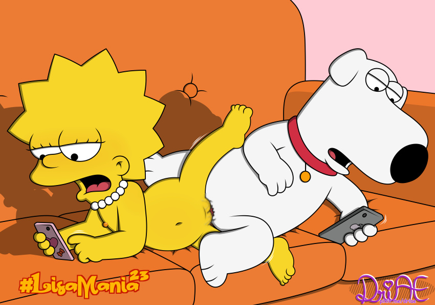 absurd_res barefoot bored brian_griffin canid canine canis cellphone domestic_dog driae duo family_guy feet female furniture hi_res human lisa_simpson male male/female mammal nipples nude phone sofa the_simpsons young