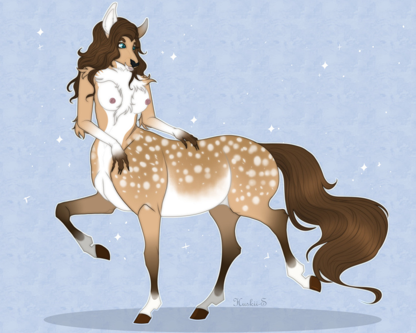 5:4 blue_eyes breasts brown_hair brown_tail chest_tuft female full-length_portrait glistening glistening_eyes hair huskii-s portrait quadruped shadow simple_background solo sparkles spots spotted_back spotted_body tail taur tuft