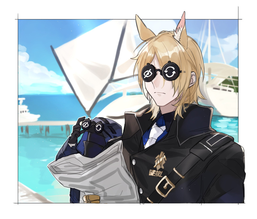 1boy 1other animal_ear_fluff animal_ears arknights black_gloves black_jacket blonde_hair blue_shirt boat border brooch buttons commentary doctor_(arknights) frown gloves highres holding holding_newspaper hood hood_up hooded_jacket horse_boy horse_ears jacket jewelry looking_up mlynar_(arknights) necktie newspaper ocean outdoors pier sailboat secretary_settings_(arknights) shirt short_hair sunglasses symbol-only_commentary upper_body water watercraft white_necktie yakota_(usuk-yako)