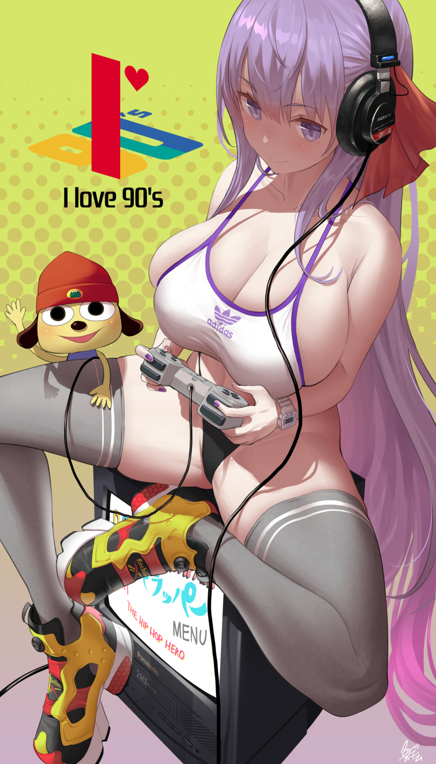 1girl absurdres adidas bangs bare_arms bare_shoulders bb_(fate) black_panties blush breasts closed_mouth collarbone controller english_text fate/extra fate_(series) game_controller grey_thighhighs hair_ornament headphones highres holding holding_controller holding_game_controller large_breasts long_hair looking_at_viewer nail_polish panties parappa parappa_the_rapper playstation_controller purple_eyes purple_hair purple_nails reebok shoes sideboob sitting smile sports_bra spread_legs television thighhighs thighs underwear uo_denim white_sports_bra yellow_background yellow_footwear