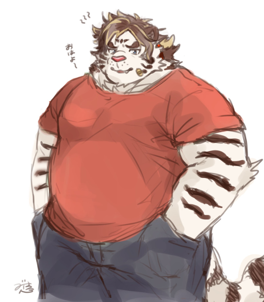 anthro casual_clothing clothing fur hi_res licho_(tas) lifewonders male overweight shirt siro_zamurai05 solo striped_body striped_fur stripes t-shirt tokyo_afterschool_summoners topwear white_body white_fur