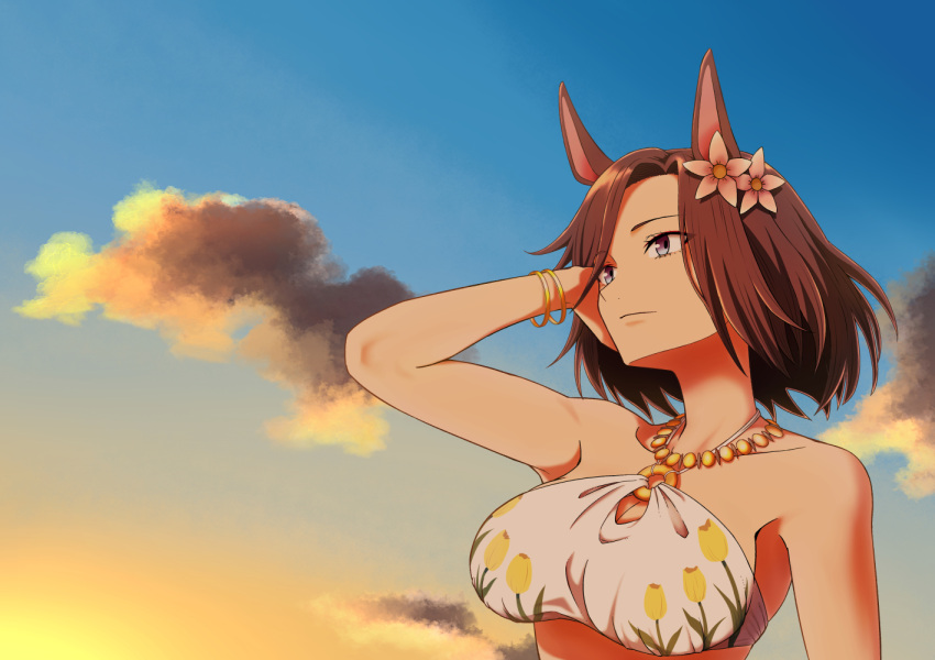 1girl air_groove_(seaside_bloom)_(umamusume) air_groove_(umamusume) animal_ears arm_up bare_shoulders bikini birii blue_eyes bracelet breasts brown_hair cleavage closed_mouth cloud flower hair_flower hair_ornament hand_in_own_hair horse_ears jewelry large_breasts looking_afar necklace o-ring o-ring_bikini outdoors short_hair solo sunset swimsuit umamusume upper_body white_bikini