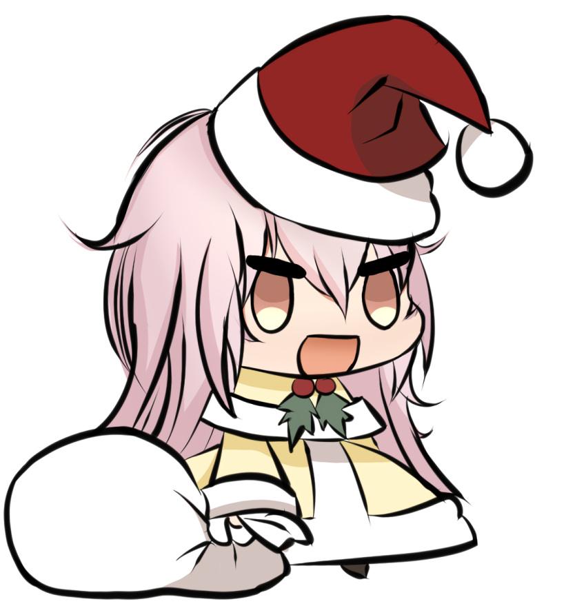 1girl chibi dress hat highres kimi_to_kanojo_to_kanojo_no_koi. koyomi meme mukou_aoi_(totono) nitroplus orange_eyes padoru_(meme) pink_hair sack santa_dress santa_hat solo white_background