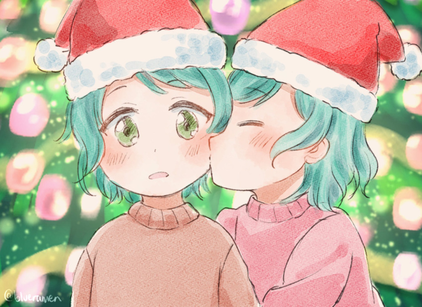 2girls aged_down aqua_hair bang_dream! blush brown_sweater christmas christmas_ornaments christmas_tree closed_eyes green_eyes hat highres hikawa_hina hikawa_sayo incest kiss kissing_cheek looking_at_viewer multiple_girls pink_sweater santa_hat siblings signature sweater twincest twins xin_(blueramen) yuri