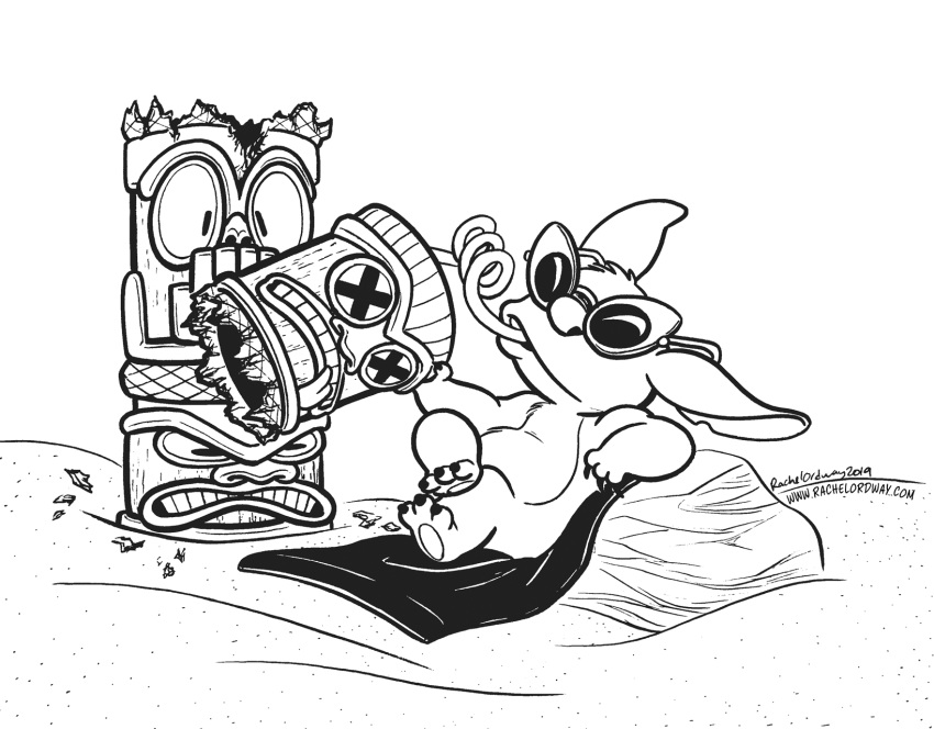 2019 3_toes alien ambiguous_gender angry animate_inanimate beach beach_blanket black_and_white claws crazy_straw crossed_legs disney drinking_straw experiment_(lilo_and_stitch) eyewear feet finger_claws fur head_tuft hi_res lilo_and_stitch monochrome notched_ear rachel_ordway reclining rock seaside shocked simple_background stitch_(lilo_and_stitch) sunglasses text tiki toes tuft url white_background x_eyes