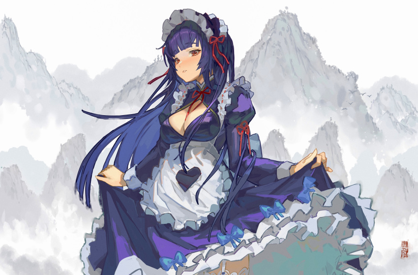 1girl absurdres alternate_costume apron bangs blunt_bangs breasts cleavage cleavage_cutout clothing_cutout cowboy_shot dress enmaided frilled_apron frills garter_straps genshin_impact highres long_hair long_sleeves looking_at_viewer maid maid_headdress parted_lips petticoat purple_dress purple_hair red_eyes red_ribbon ribbon rui_(gsr1982) skirt_hold solo thighhighs very_long_hair white_apron white_thighhighs yun_jin_(genshin_impact)