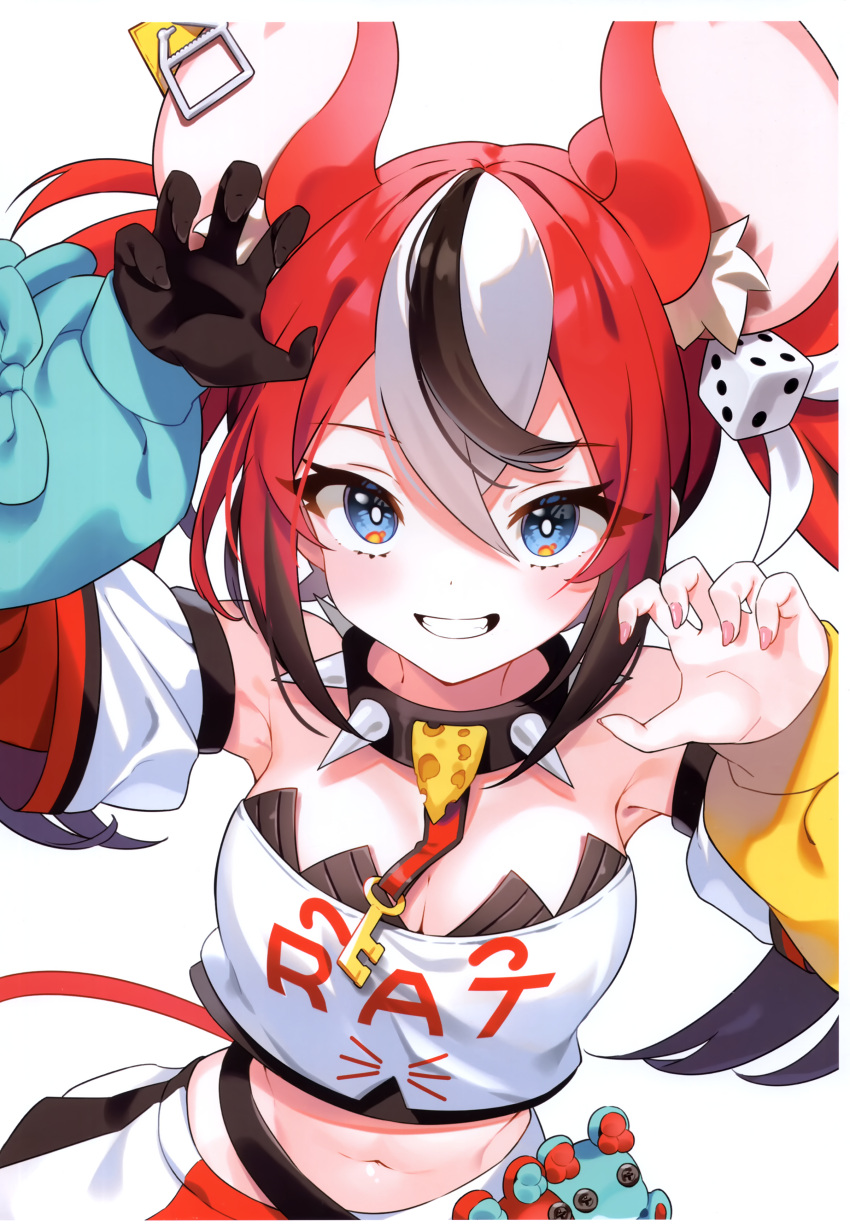 1girl absurdres animal_ear_fluff animal_ears arm_up bare_shoulders black_collar black_gloves black_hair blue_eyes blue_sleeves breasts claw_pose cleavage collar crop_top detached_sleeves dice_hair_ornament gloves grin hair_between_eyes hair_ornament hakos_baelz hakos_baelz_(1st_costume) hand_up highres hololive hololive_english kutata layered_sleeves long_sleeves looking_at_viewer medium_breasts midriff mouse_ears mouse_girl mouse_tail mousetrap multicolored_clothes multicolored_hair multicolored_skirt nail_polish navel pink_nails puffy_long_sleeves puffy_sleeves red_hair red_sleeves scan shirt short_over_long_sleeves short_sleeves simple_background single_glove skirt sleeves_past_wrists smile solo spiked_collar spikes strapless strapless_shirt streaked_hair tail twintails virtual_youtuber white_background white_hair white_shirt white_skirt white_sleeves yellow_sleeves