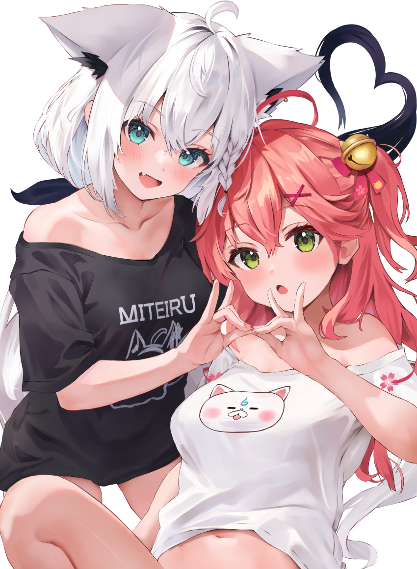 2girls absurdres ahoge animal_ear_fluff animal_ears bell black_shirt blush bottomless braid breasts collarbone commentary_request earrings extra_ears fang fox_ears fox_girl fox_shadow_puppet fox_tail green_eyes hair_bell hair_between_eyes hair_ornament heart heart_tail highres hololive jewelry long_hair looking_at_viewer medium_breasts multiple_girls one_side_up open_mouth pink_hair sakura_miko shirakami_fubuki shirt sidelocks simple_background single_braid skin_fang tail uechin_ewokaku virtual_youtuber white_background white_hair white_shirt