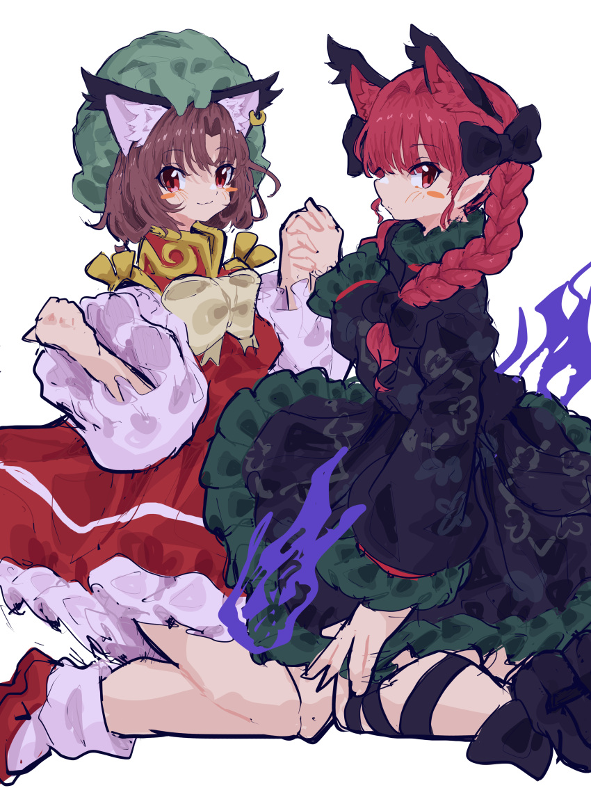 2girls :3 absurdres animal_ear_fluff animal_ears black_bow black_dress black_footwear blue_fire blush bow bowtie braid brown_hair cat_ears chen dress earrings extra_ears fire floral_print footwear_bow friends frills ghost green_dress green_headwear highres hitodama holding_hands jewelry kaenbyou_rin leg_ribbon long_hair long_sleeves looking_back mugi_(mugimugi_9kv) multiple_girls pointy_ears red_dress red_eyes red_footwear ribbon short_hair simple_background single_earring sitting sketch slit_pupils touhou twin_braids white_background yellow_bow yellow_bowtie