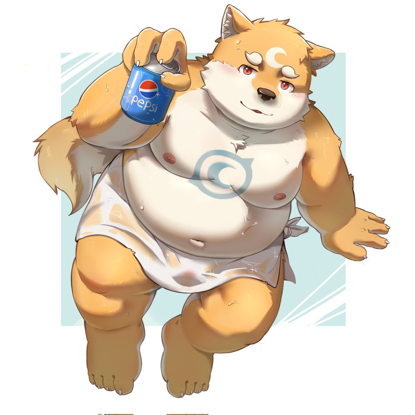 2023 anthro belly big_belly bodily_fluids can canid canine canis container domestic_dog hi_res kemono male mammal moobs morain_xs navel nipples overweight overweight_male pepsi sitting solo sweat towel