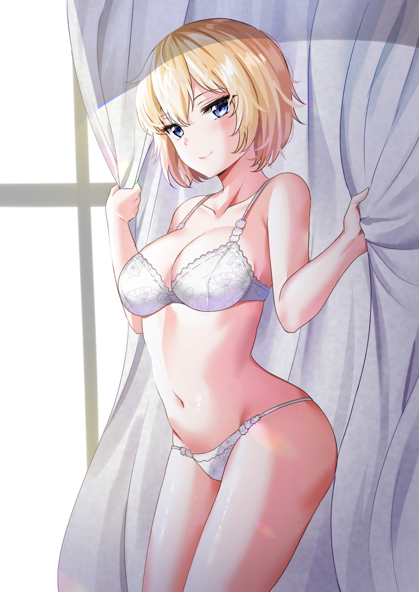 1girl absurdres blonde_hair blue_eyes bra breasts curtains grabbing highres large_breasts light_smile orsola_aquinas panties side-tie_panties sunhyun thighs toaru_majutsu_no_index underwear underwear_only white_bra white_panties windowsill