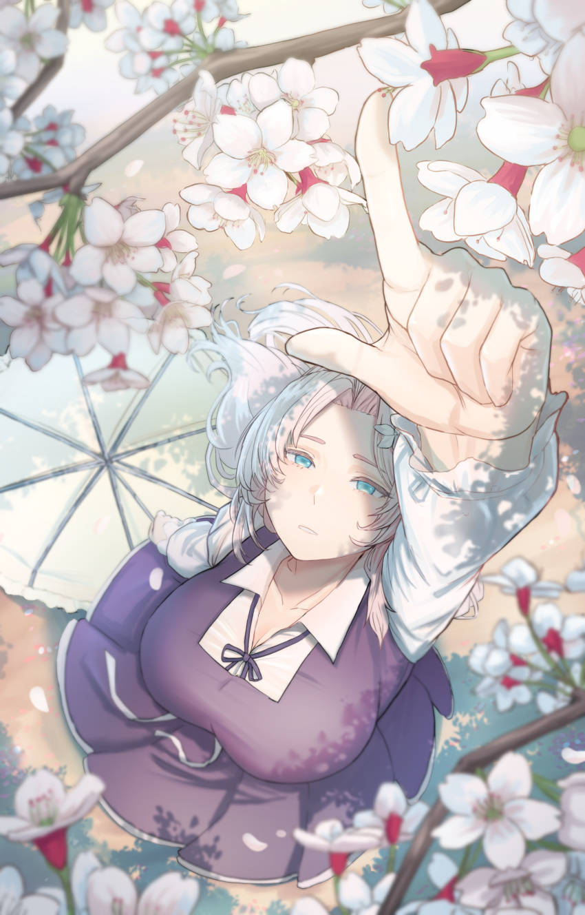 1girl absurdres blue_eyes breasts cleavage dryseaweed foreshortening from_above highres large_breasts last_origin long_hair mnemosyne_(last_origin) parasol parted_lips petals purple_skirt purple_vest shirt skirt solo umbrella vest white_hair white_shirt