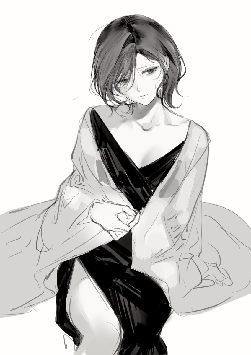 1girl blanket character_request collarbone dress furrowed_brow greyscale highres looking_ahead moaomao_mo monochrome parted_lips path_to_nowhere short_hair simple_background sitting solo white_background