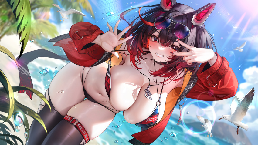 1girl animal_ears arm_up armpits bare_shoulders bent_over bikini black_bikini black_choker black_hair black_thighhighs breasts character_request choker cleavage day eyewear_on_head fake_animal_ears gradient_hair grin halterneck highres indie_virtual_youtuber jacket jewelry large_breasts leaning_forward long_hair long_sleeves looking_at_viewer meion multi-strapped_bikini_bottom multi-strapped_bikini_top multicolored_hair nail_polish navel necklace off_shoulder official_art one_side_up open_clothes open_jacket outdoors pulled_by_self red_eyes red_hair red_jacket revision skindentation smile solo standing stomach strap_pull string_bikini sunglasses sunlight swimsuit thigh_gap thighhighs thighs tinted_eyewear two-tone_hair v virtual_youtuber wet