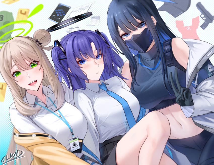 3girls :d apron armband balaclava bare_shoulders baseball_cap black_bow black_gloves black_hair black_headwear black_mask black_pants black_shirt blue_archive blue_eyes blue_necktie blush bow breasts calculator chest_harness cliov coat collared_shirt cowboy_shot credit_card crop_top english_commentary gloves green_eyes gun hair_between_eyes hair_bow hair_bun halo handgun harness hat hat_removed headwear_removed highres id_card jacket lanyard large_breasts long_hair long_sleeves looking_at_viewer m1911 mask midriff mouth_mask multiple_girls navel necktie nonomi_(blue_archive) off_shoulder open_clothes open_jacket open_mouth pants paper parted_bangs parted_lips purple_hair saori_(blue_archive) shirt sidelocks signature single_hair_bun single_side_bun skirt sleeveless sleeveless_shirt smile teeth two_side_up upper_teeth_only v weapon white_coat white_shirt yellow_jacket yuuka_(blue_archive)