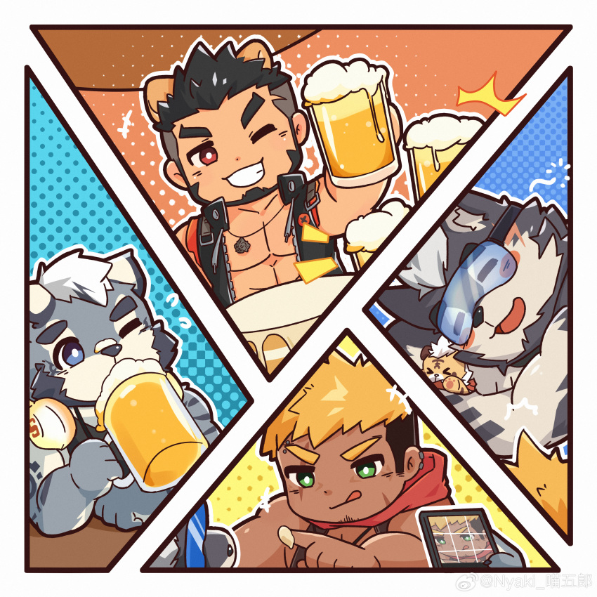 4boys :q absurdres alca_(wakatanka4) alcohol animal_ears bara beard beenic beer birthday blush_stickers cup dog_boy drinking facial_hair furry furry_male grey_fur grin gyee highres jaguar_boy jaguar_ears laughing lion_boy lion_ears long_sideburns male_focus mug multiple_boys muscular muscular_male nose_bubble nyaki_weeibo one_eye_closed original romg short_hair sideburns sleeping smile thick_eyebrows tiger_boy toasting_(gesture) tongue tongue_out uutiger weibo_logo weibo_username