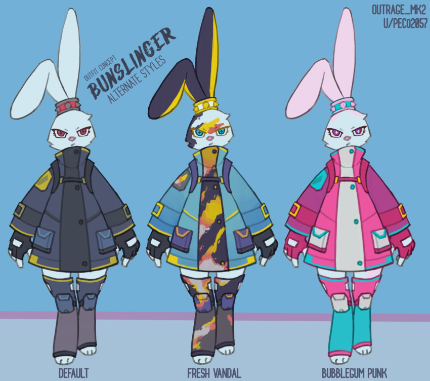 3_toes accessory albino alternate_color alternate_form anthro anthrofied belt belt_buckle blue_eyes bun_bun_bang_bang bunslinger_(outrage_mk2) button_eyes clothed clothing coat countershade_ears countershading digital_media_(artwork) digitigrade epic_games feet female fingerless_gloves fortnite front_view fur gloves group gun hair_accessory handgun handwear harness hi_res holding_object holding_weapon holstered_pistol knee_pads lagomorph legwear leporid long_ears mammal model_sheet multicolored_body multicolored_fur one_ear_up outrage_mk2 overcoat paint paint_on_self paint_splatter painted_clothing pastel pastel_colors pink_eyes pink_nose rabbit ranged_weapon red_eyes revolver ring_piercing simple_background smile solo spiked_hairband standing stockings techwear text toeless_legwear toeless_stockings toes topwear weapon white_body white_fur x-eyes