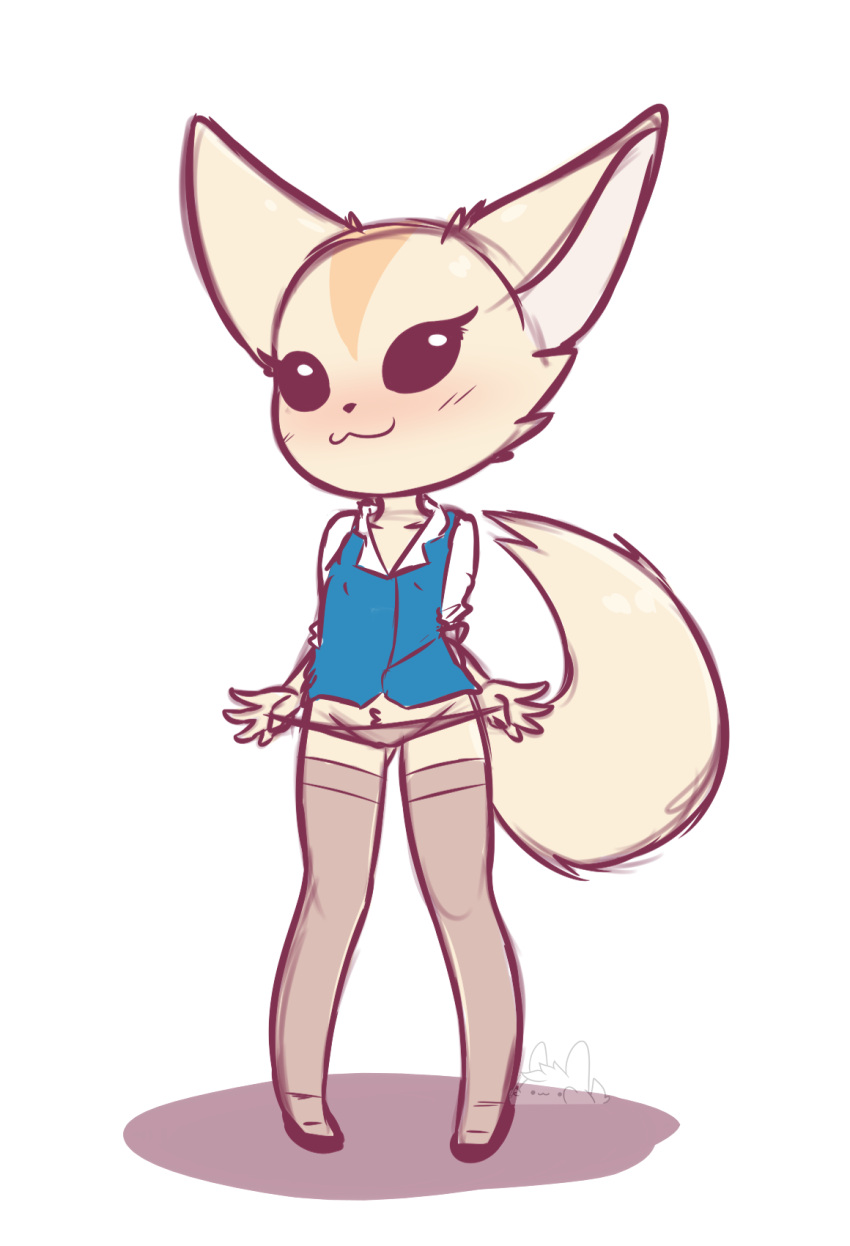 2019 5_fingers :3 adult_(lore) aggressive_retsuko anthro arms_behind big_ears big_tail biped blush blush_lines bunnybits canid canine cheek_tuft clothing colored crotch_tuft facial_tuft featureless_eyes female fennec fenneko fingers flat_chested flat_colors fluffy fluffy_tail footwear fox front_view full-length_portrait hand_on_panties hands_on_sides hi_res legwear long_ears mammal mouth_closed nipple_outline panties pantsless portrait sanrio shirt shoes simple_background sketch solo spot_shadow standing stretched_clothing tail teasing topwear triangle_nose tuft underwear undressing watermark white_background