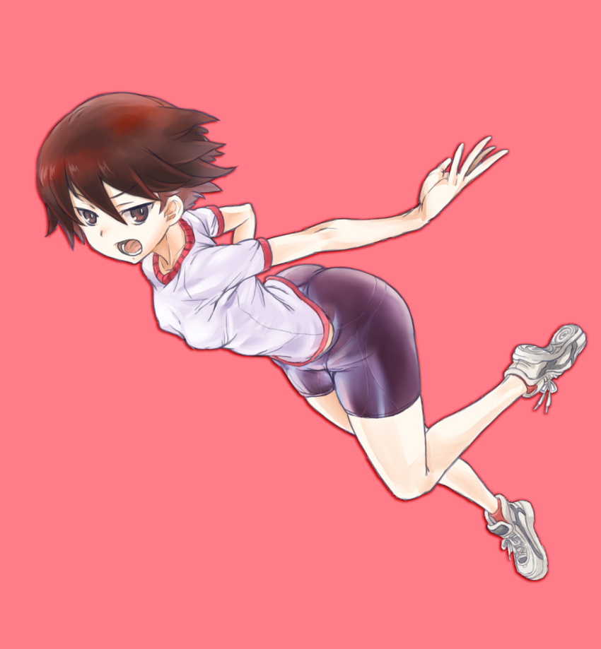 1girl ankle_socks bike_shorts black_shorts brown_eyes brown_hair commentary frown girls_und_panzer gym_shirt gym_uniform highres isobe_noriko jumping leaning_forward looking_at_viewer nabeyu open_mouth pink_background red_socks shirt shoes short_hair short_shorts short_sleeves shorts simple_background sneakers socks solo t-shirt white_footwear white_shirt