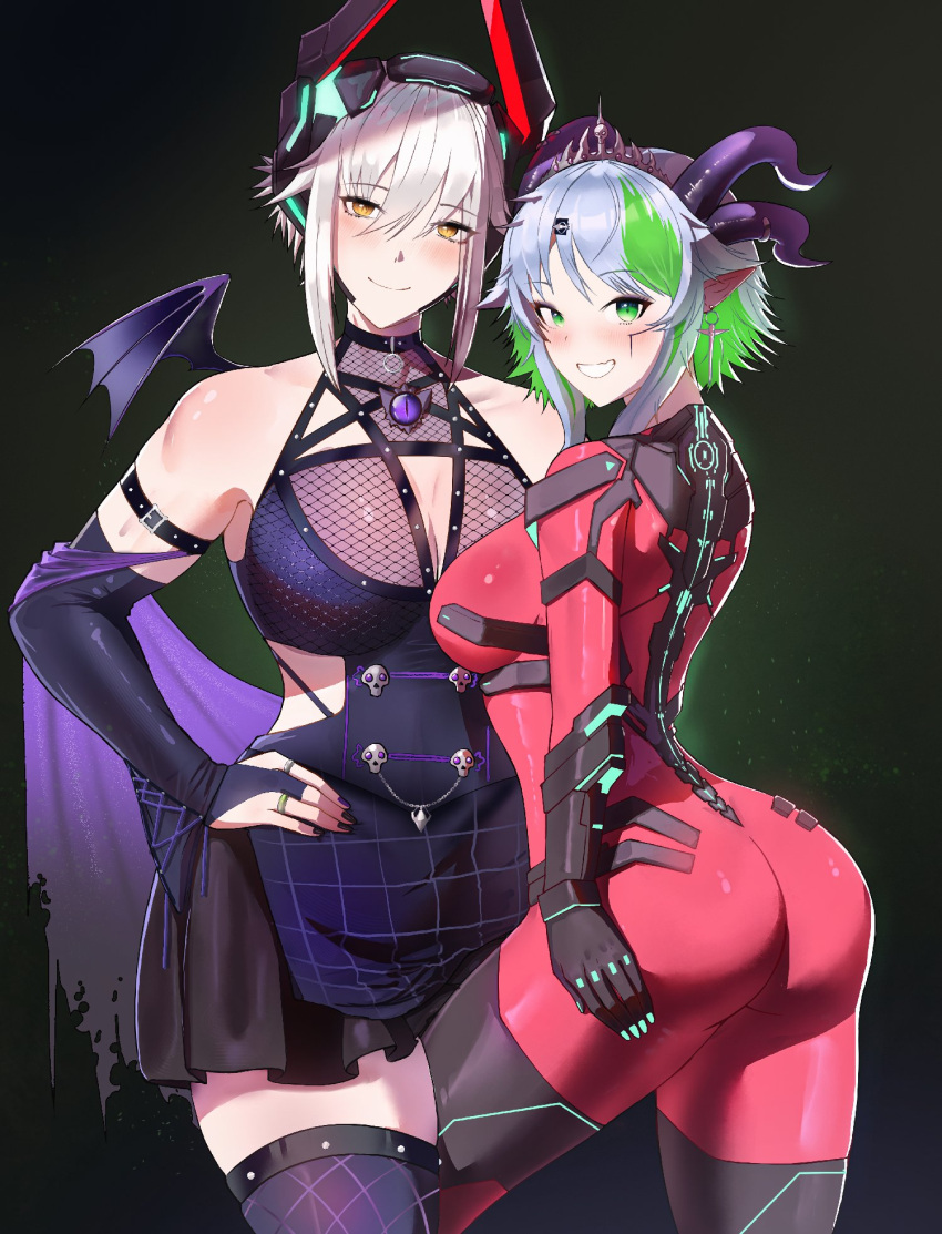 2girls ass blush bodysuit breasts bsapricot_(vtuber) bsapricot_(vtuber)_(1st_costume) cleavage cosplay costume_switch demon_girl demon_horns demon_wings dress green_eyes green_hair grey_hair highres horns jamesloves_art large_breasts looking_at_viewer medium_breasts medium_hair multicolored_hair multiple_girls pointy_ears purple_bridal_gauntlets purple_dress purple_thighhighs red_bodysuit short_hair sidelocks smile streaked_hair thighhighs virtual_youtuber vshojo wings zentreya zentreya_(cyborg) zentreya_(cyborg)_(1st_costume)