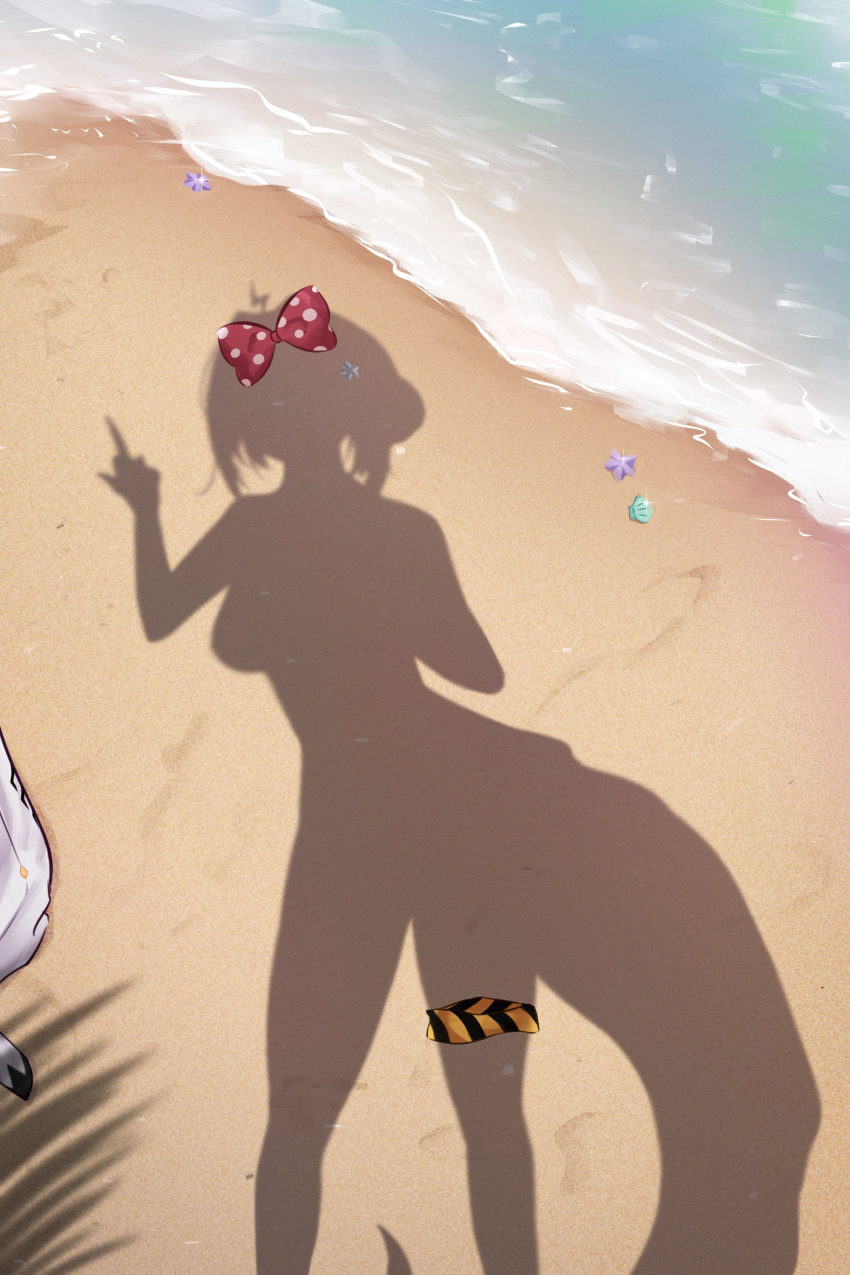 1girl absurdres beach bow bow_removed breasts clam clam_shell day dressed_shadow female_pov fins fish_tail highres idol_corp juna_unagi large_breasts lightning_ahoge long_hair middle_finger ocean out_of_frame outdoors polka_dot polka_dot_bow pov red_bow sand seashell shadow shell silhouette starfish tail thinkuwu virtual_youtuber