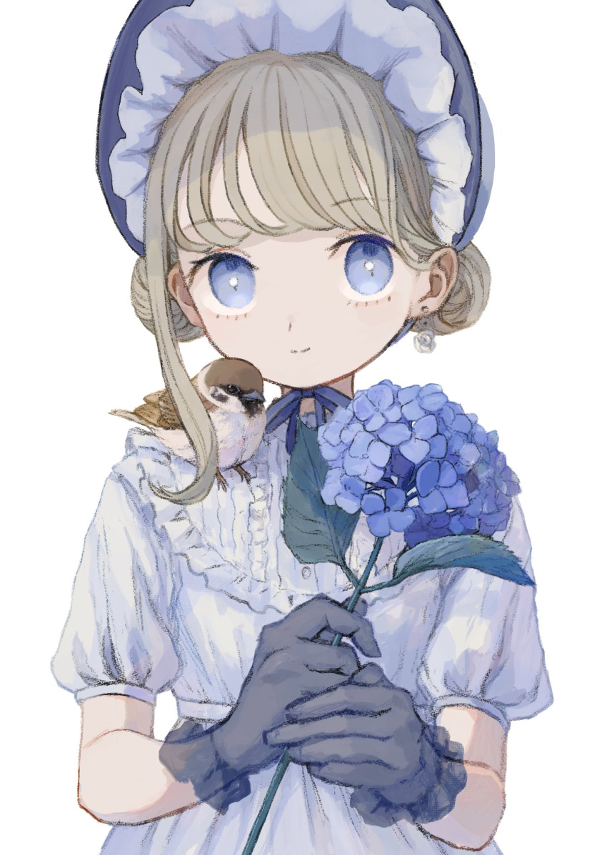 1girl animal_on_shoulder bird bird_on_shoulder black_gloves blue_eyes blue_flower bonnet clamo_k closed_mouth double_bun dress earrings flower frilled_gloves frills gloves grey_hair hair_bun highres holding holding_flower hydrangea jewelry looking_at_viewer original puffy_short_sleeves puffy_sleeves short_sleeves single_earring smile solo sparrow upper_body white_dress