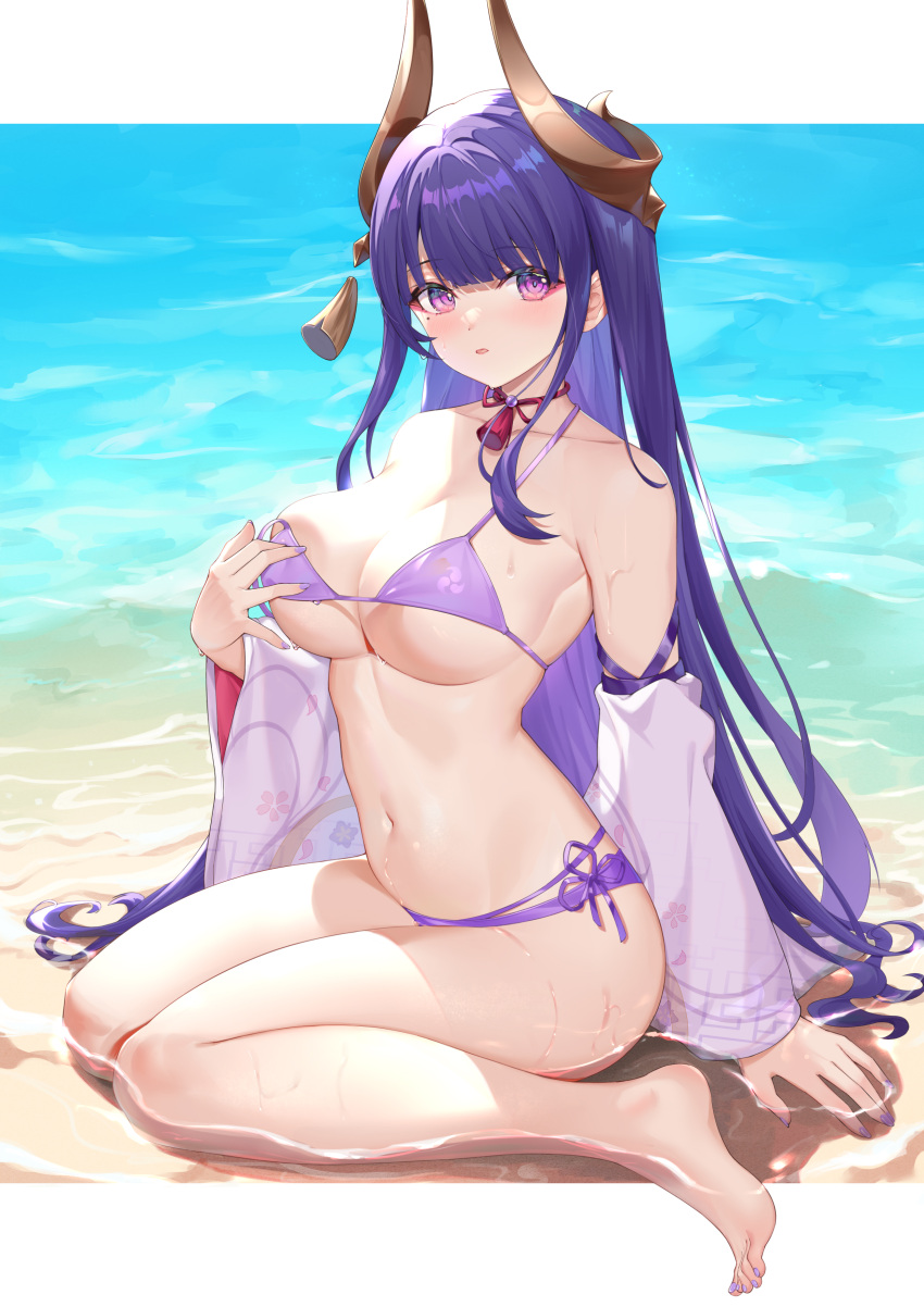 1girl absurdres alternate_costume bare_legs bare_shoulders barefoot beach bikini breasts choker cleavage collarbone detached_sleeves fake_horns feet genshin_impact highres horns kuroida large_breasts long_hair looking_at_viewer mole mole_under_eye multi-strapped_bikini nail_polish navel open_mouth purple_bikini purple_eyes purple_hair raiden_shogun red_choker seiza side-tie_bikini_bottom sitting solo stomach string_bikini swimsuit tassel tassel_choker thighs untied untied_bikini very_long_hair water wet wide_sleeves