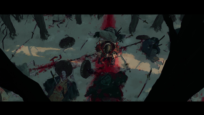 6+boys absurdres after_battle armor bandaged_arm bandages banner black_hair black_pants blood blood_on_clothes blood_on_snow blood_on_weapon blood_splatter broken broken_sword broken_weapon brown_kimono chiemon_(fate) commentary_request concept_art corpse crack_of_light decapitation fate/samurai_remnant fate_(series) forest from_above haori head_down headless highres japanese_armor japanese_clothes katana kimono kneeling letterboxed lying male_focus mitsuba_aoi_(tokugawa_mon) multiple_boys nature nobori on_back onsama outdoors own_hands_clasped own_hands_together pants planted planted_sword polearm praying ronin sandogasa shadow short_hair shoulder_armor sidelighting snow sode solo_focus spear stab sword waraji weapon wide_shot