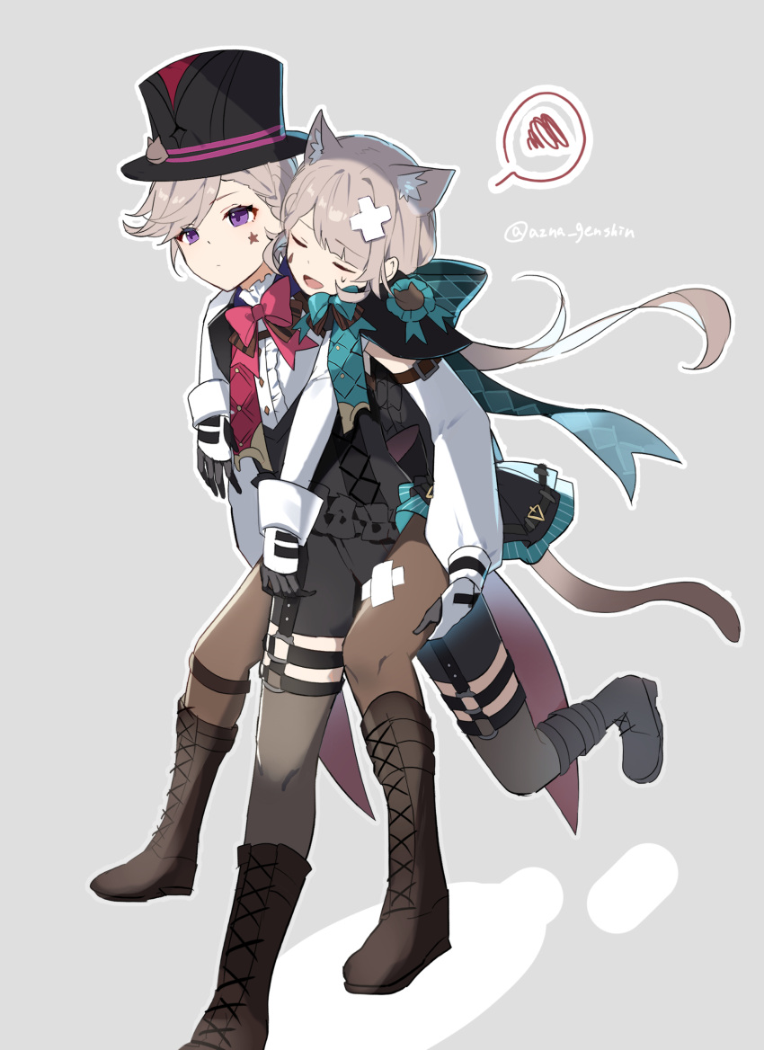 1boy 1girl absurdres animal_ears azna black_footwear black_headwear boots carrying cat_ears cat_girl cat_tail closed_eyes closed_mouth cross-laced_footwear facial_mark genshin_impact gloves grey_background hat highres knee_boots lace-up_boots long_hair long_sleeves lynette_(genshin_impact) lyney_(genshin_impact) open_mouth pantyhose piggyback purple_eyes simple_background spoken_squiggle squiggle star_(symbol) star_facial_mark sweat tail teardrop_facial_mark thighhighs top_hat twitter_username
