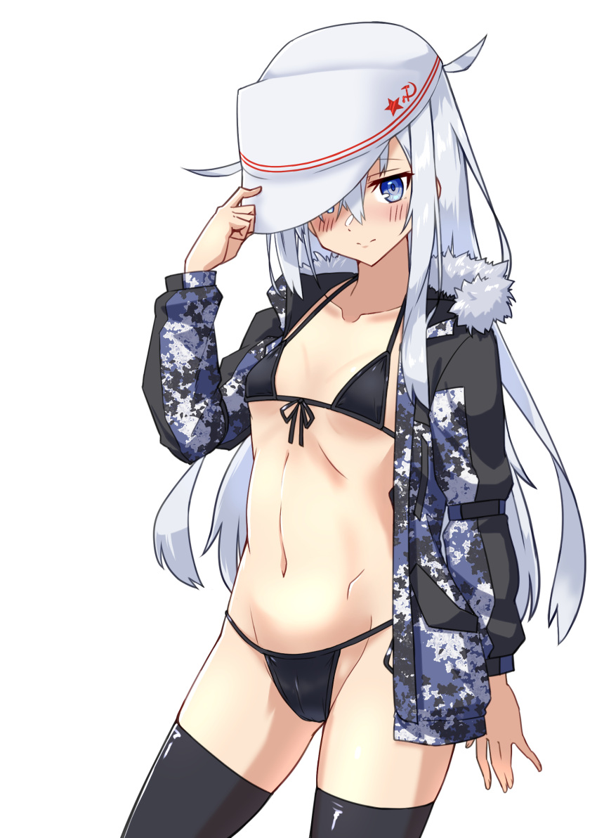 1girl absurdres bikini black_bikini black_bikini_bottom blue_eyes blush breasts cowboy_shot flat_cap front-tie_bikini_top front-tie_top hair_between_eyes hat hibiki_(kancolle) highres jacket kantai_collection long_hair long_sleeves looking_at_viewer navel open_clothes open_jacket shiba_(zudha) small_breasts smile solo stomach swimsuit verniy_(kancolle) white_background white_hair