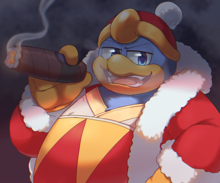 anthro beak belly blue_body blue_eyes blue_feathers cigar clothing feathers gloves handwear hi_res king_dedede kirby_(series) male nintendo overweight robe smile smoking smug solo st637