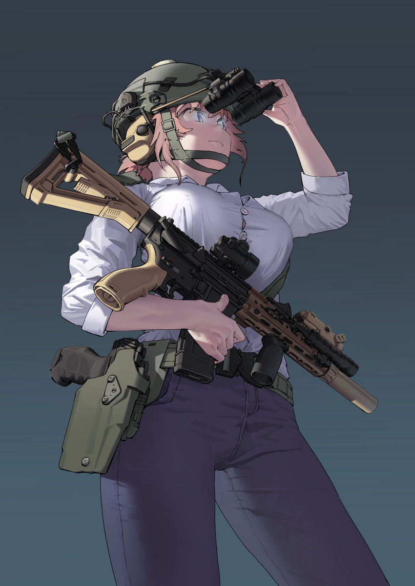 1girl absurdres ar-15 assault_rifle belt breasts buttons collared_shirt combat_helmet gun gun_sling handgun headset helmet highres large_breasts looking_afar looking_to_the_side night_vision_device original pilot_webber rifle shirt sleeves_rolled_up solo suppressor tactical_clothes weapon white_shirt
