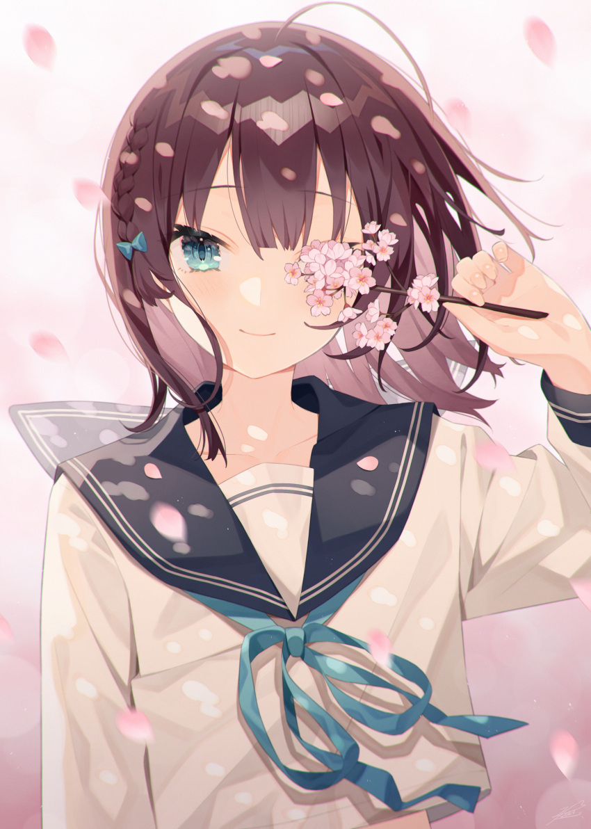 1girl absurdres ahoge black_sailor_collar blue_bow blue_eyes blue_ribbon bow braid branch brown_hair cherry_blossoms closed_mouth collarbone falling_petals flower gradient_background hair_between_eyes hair_bow hand_up highres holding holding_branch long_sleeves minasenagi mixed-language_commentary neck_ribbon original petals pink_background pink_flower ribbon sailor_collar school_uniform serafuku shirt smile solo upper_body white_shirt