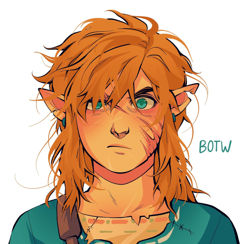 1boy angry artsy-moonwalker blonde_hair english_commentary highres link looking_at_viewer male_focus notched_ear pointy_ears scar scar_on_face solo the_legend_of_zelda the_legend_of_zelda:_breath_of_the_wild torn_clothes white_background