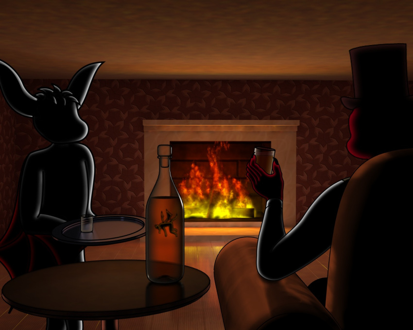 2010 ambiguous_gender anthro armchair bat black_body black_claws black_skin bottle chair claws clothing container death fireplace furniture furx_(artist) furx_(character) glass group hat headgear headwear inside lizzard mammal micro red_body red_skin table top_hat tray trio