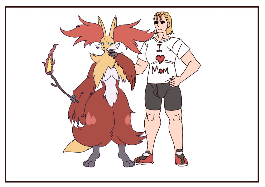 1boy 1girl absurdres animal_ear_fluff animal_ears animal_nose blonde_hair body_fur fox_ears furry furry_female highres pokemon pokemon_(creature) pokemon_xy shirt shorts simonbutt6 simple_background snout t-shirt tail white_background white_fur yellow_fur