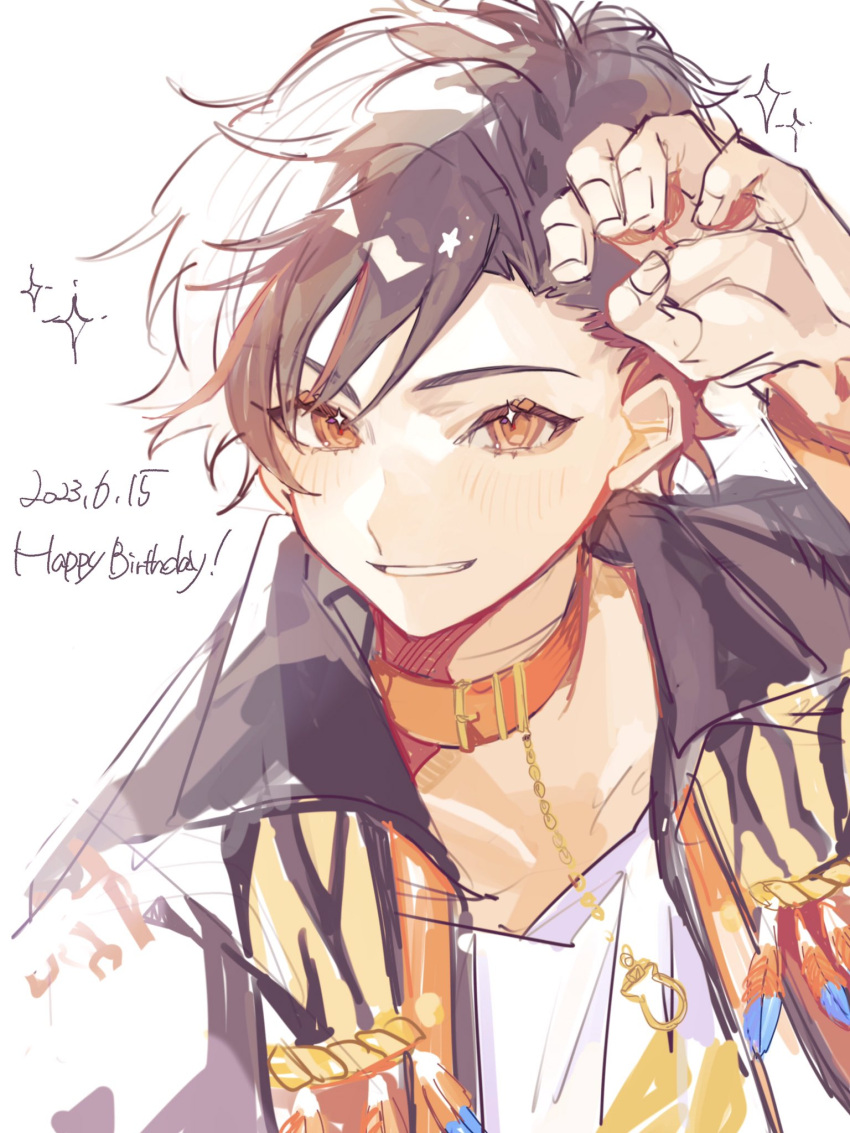 1boy 2023 black_hair black_jacket blush collar daifugo_happy dated ensemble_stars! happy_birthday highres jacket long_sleeves male_focus multicolored_hair nagumo_tetora orange_eyes red_collar red_hair shirt short_hair smile solo sparkle teeth white_shirt