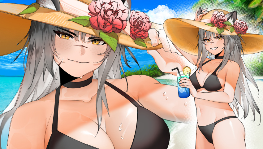 1girl :d absurdres animal_ear_fluff animal_ears arknights arm_up bare_shoulders beach bikini black_bikini black_choker blue_sky blush breasts choker cleavage closed_mouth collarbone commission cowboy_shot cup day ears_through_headwear flower food fruit grey_hair grin hand_on_headwear hat highres holding holding_cup ice ice_cube indra_(arknights) large_breasts lemon lemon_slice long_hair looking_at_viewer multiple_views navel outdoors parted_lips red_flower scar scar_across_eye sky smile soda_(sod4) stomach sun_hat swimsuit tiger_ears v-shaped_eyebrows yellow_eyes yellow_headwear