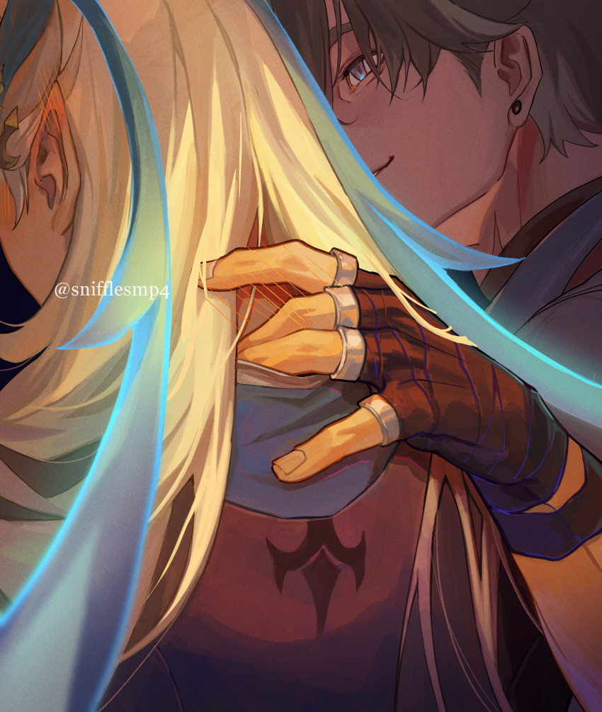 2boys absurdres aqua_hair black_gloves black_hair blonde_hair blue_eyes blush commentary ear_blush earrings embarrassed english_commentary fingerless_gloves flipped_hair from_behind genshin_impact gloves grey_hair hand_on_another's_neck hand_up hand_wraps highres jewelry long_hair looking_at_another male_focus massage multicolored_hair multiple_boys neck_blush neuvillette_(genshin_impact) parted_hair pointy_ears short_hair smile snifflesmp4 streaked_hair upper_body white_hair wriothesley_(genshin_impact) yaoi