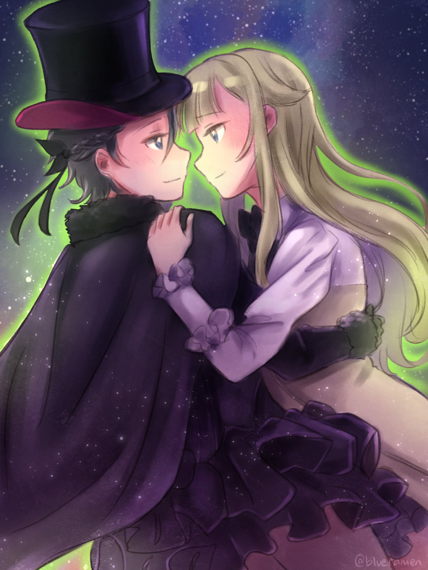 2girls ange_(princess_principal) black_dress black_hair black_headwear black_ribbon blonde_hair blue_eyes cloak dress frilled_dress frilled_sleeves frills hair_ribbon hand_on_another's_back hand_on_another's_shoulder hat highres imminent_kiss long_hair long_sleeves looking_at_another multicolored_clothes multicolored_dress multiple_girls princess_(princess_principal) princess_principal ribbon short_hair smile starry_background top_hat wavy_hair xin_(blueramen) yuri