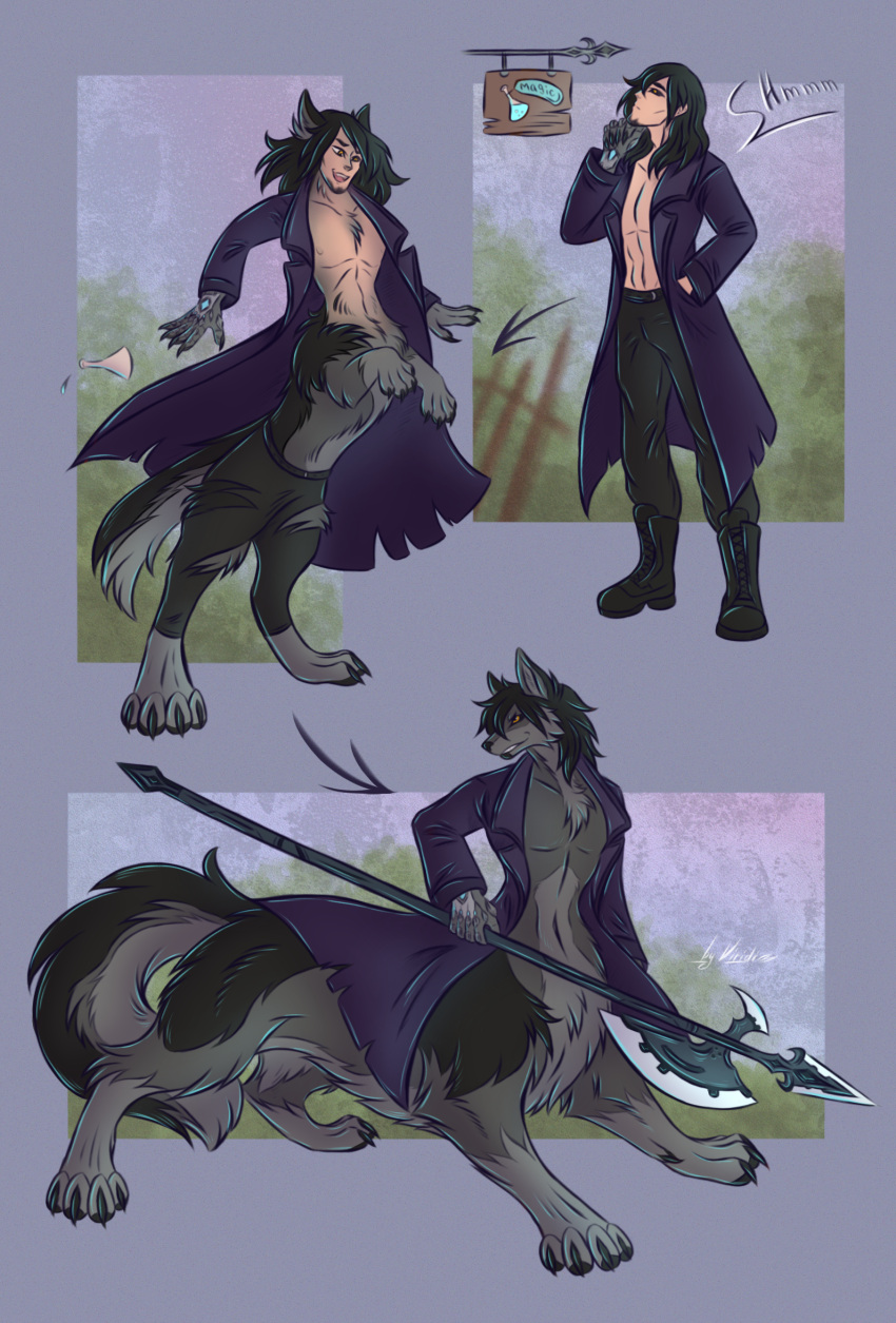 canid canine canis clothing coat cybernetic_arm cybernetic_limb fur grey_body grey_fur hair halberd hi_res human human_to_taur humanoid_hands jack_(sylvermor) long_hair male mammal melee_weapon paws polearm potion shirtless_male simple_background solo species_transformation taur taurification thinking topwear transformation trenchcoat v.i.r.i.d.i weapon wolf