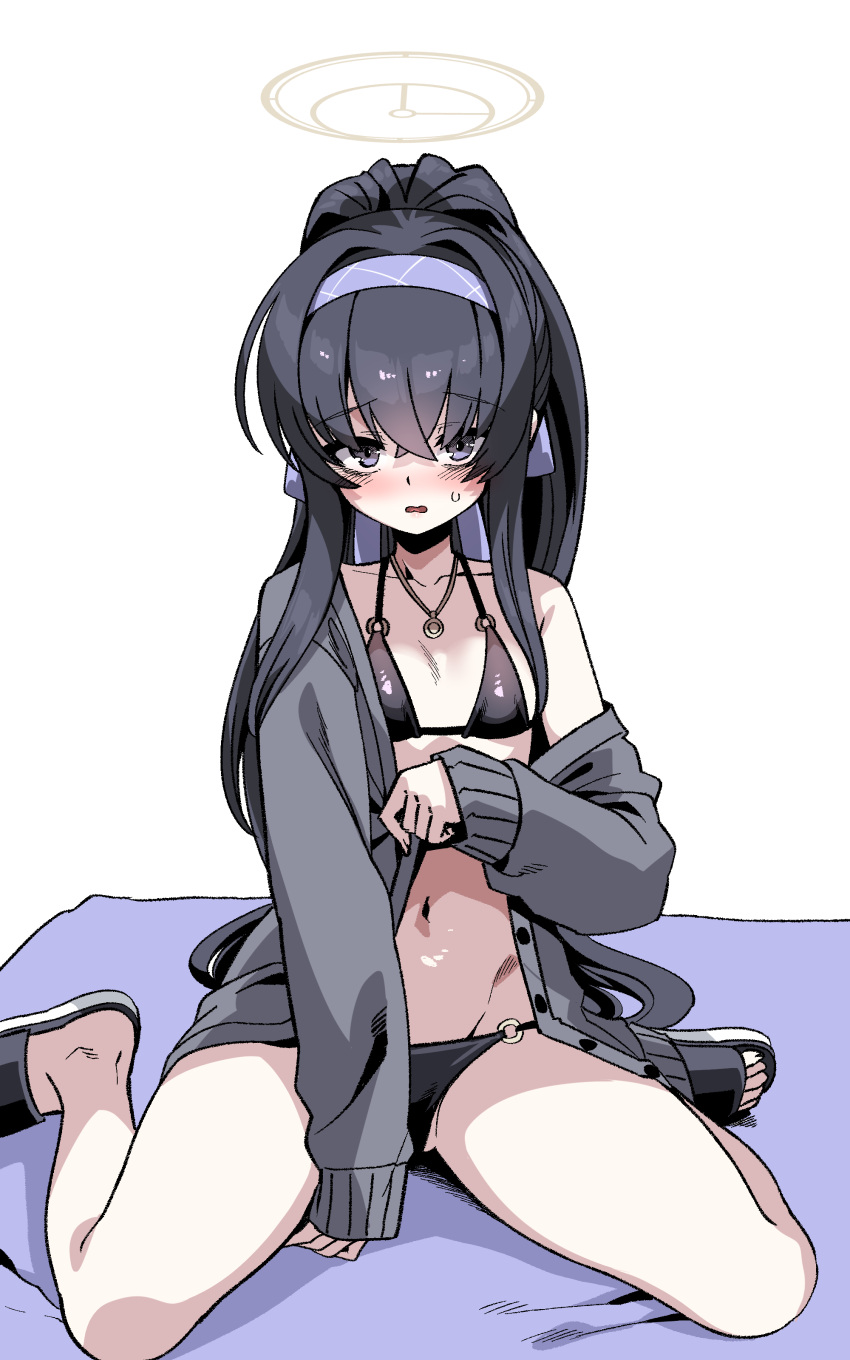 1girl absurdres bare_shoulders bikini black_bikini black_footwear black_hair blanket blue_archive blue_eyes blue_hairband blush collarbone commentary_request grey_jacket groin hair_between_eyes hairband halo harigane_shinshi highres jacket long_hair long_sleeves looking_at_viewer navel nose_blush o-ring o-ring_bikini o-ring_bottom o-ring_top off_shoulder open_clothes open_jacket parted_lips ponytail sandals simple_background sitting sleeves_past_wrists solo sweat swimsuit ui_(blue_archive) ui_(swimsuit)_(blue_archive) very_long_hair wariza white_background