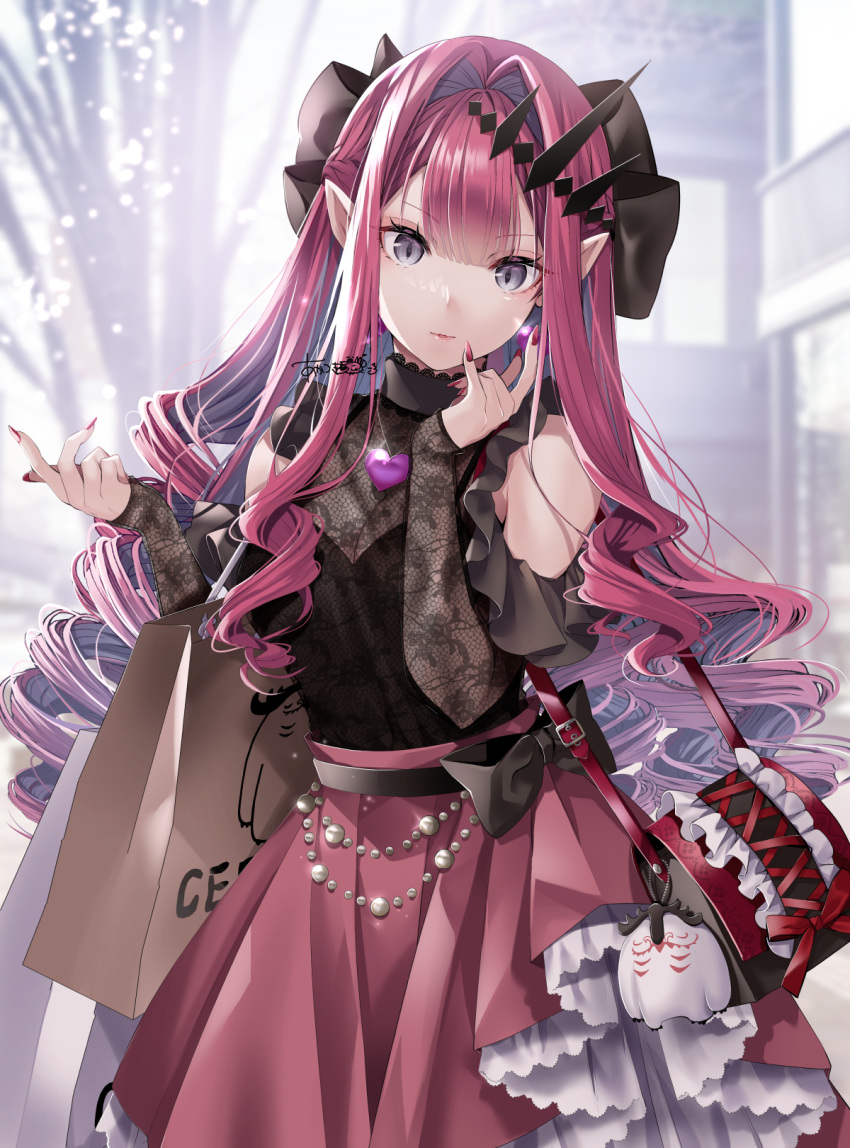 1girl akatsuki_hijiri bag baobhan_sith_(fate) bare_shoulders belt black_belt black_bow bow breasts cleavage commentary_request detached_sleeves drill_hair fate/grand_order fate_(series) fingernails forked_eyebrows grey_eyes hair_intakes handbag highres lace-trimmed_sleeves lace_trim leg_grab long_hair looking_at_viewer nail_polish pointy_ears red_hair red_skirt sharp_fingernails shopping_bag sidelocks signature skirt solo standing tiara twin_drills