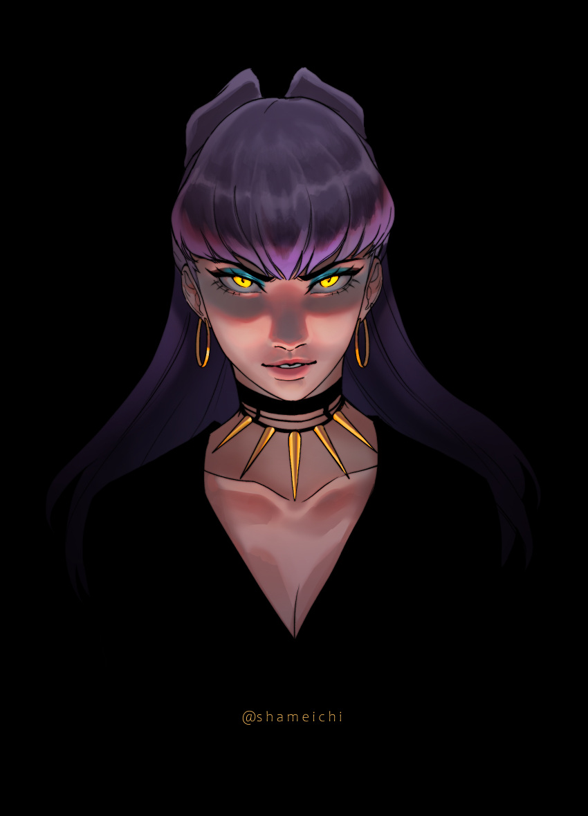 1girl asymmetrical_bangs black_background black_choker black_suit blue_eyeshadow breasts center_opening choker cleavage cone_hair_bun demon demon_girl earrings evelynn_(league_of_legends) eyeshadow gold_earrings hair_bun highres hoop_earrings jewelry k/da_(league_of_legends) league_of_legends long_hair looking_at_viewer makeup medium_breasts necklace parted_lips pink_lips purple_hair shameichi slit_pupils solo suit the_baddest_evelynn tooth_necklace twitter_username yellow_eyes