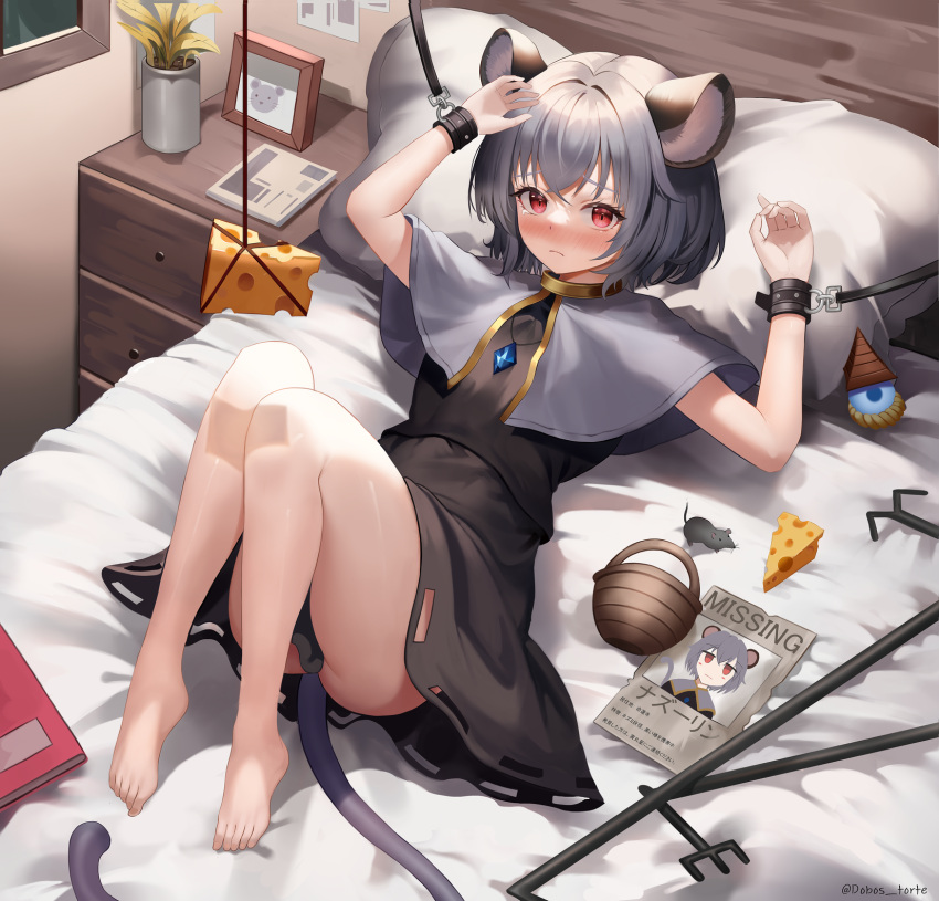 1girl animal animal_ears ass barefoot bed bed_sheet bishamonten's_pagoda black_dress blush capelet cheese closed_mouth dobostorte dowsing_rod drawer dress food grey_capelet grey_hair hair_between_eyes highres jewelry mouse mouse_ears mouse_tail nazrin paper pendant pillow plant potted_plant red_eyes restrained short_hair solo tail touhou twitter_username