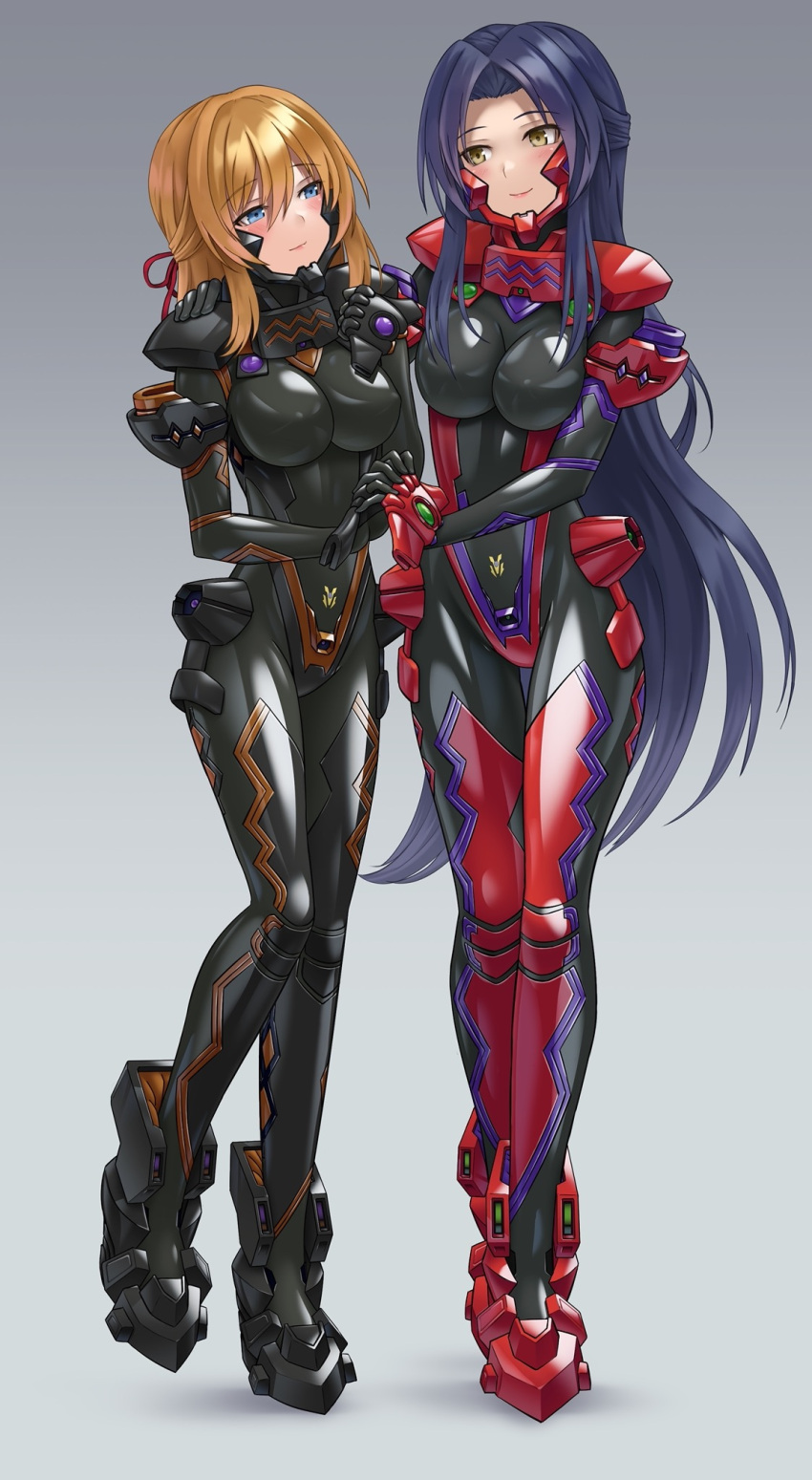 2girls armored_bodysuit black_bodysuit black_hair blue_eyes bodysuit breasts character_request covered_navel fortified_suit full_body grey_background hand_on_another's_shoulder highres holding_hands impossible_bodysuit impossible_clothes interlocked_fingers kurione_(zassou) medium_breasts multiple_girls muv-luv muv-luv_alternative orange_hair red_bodysuit shiny_clothes yellow_eyes