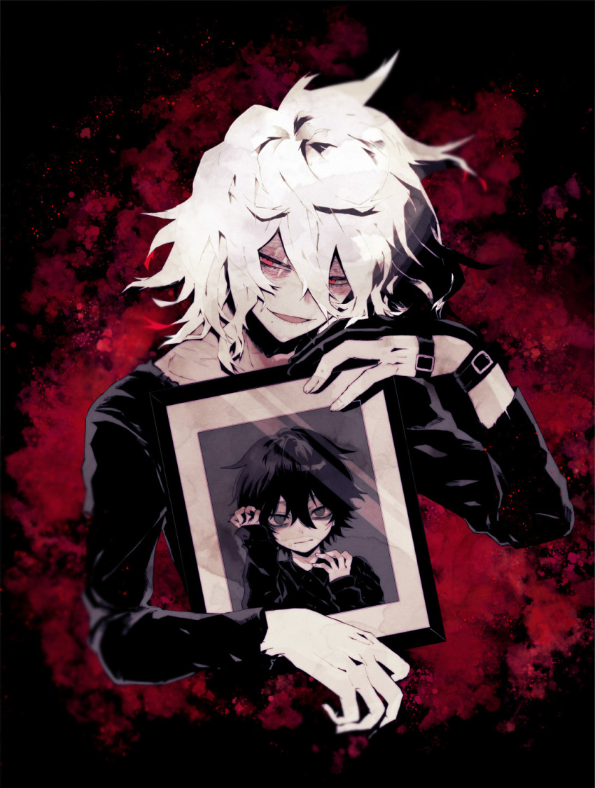 1boy anoko_(darenokoanoko) black_shirt boku_no_hero_academia highres holding_picture male_focus medium_hair picture_(object) picture_frame prosthetic_fingers red_eyes shigaraki_tomura shirt solo white_hair wrinkled_skin